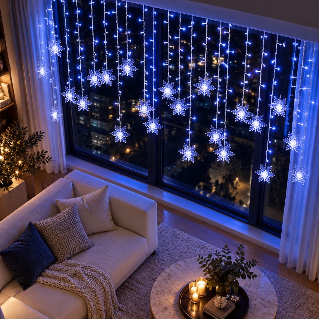 Snowflake Christmas Curtain Lights — Hanging LED Window Lights, 8 Modes