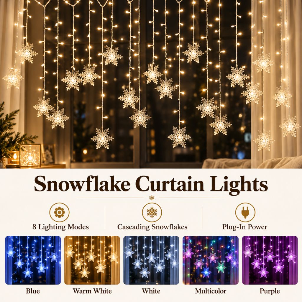Snowflake Christmas Curtain Lights — Hanging LED Window Lights, 8 Modes