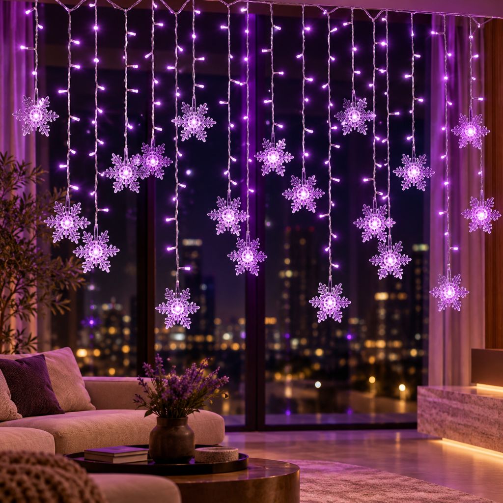 Snowflake Christmas Curtain Lights — Hanging LED Window Lights, 8 Modes