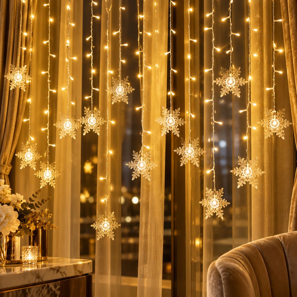 Snowflake Christmas Curtain Lights — Hanging LED Window Lights, 8 Modes