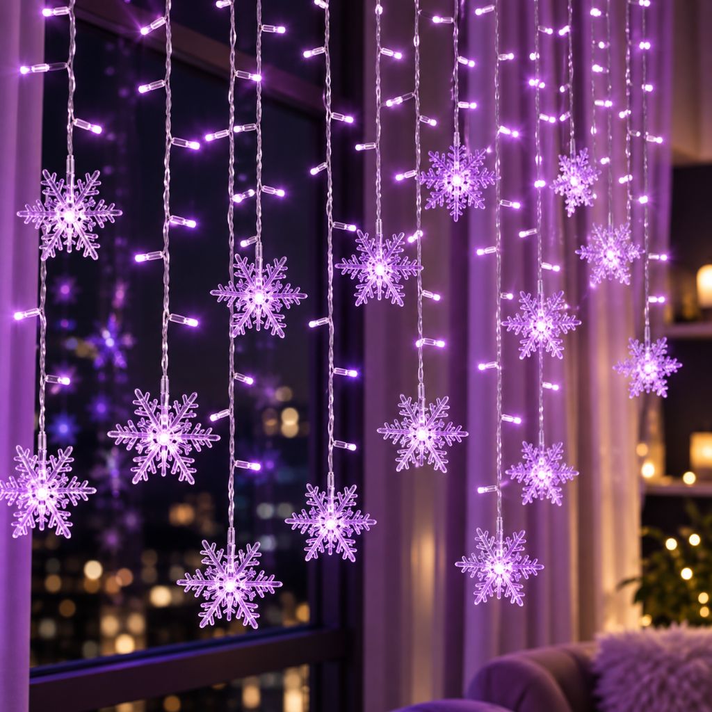 Snowflake Christmas Curtain Lights — Hanging LED Window Lights, 8 Modes