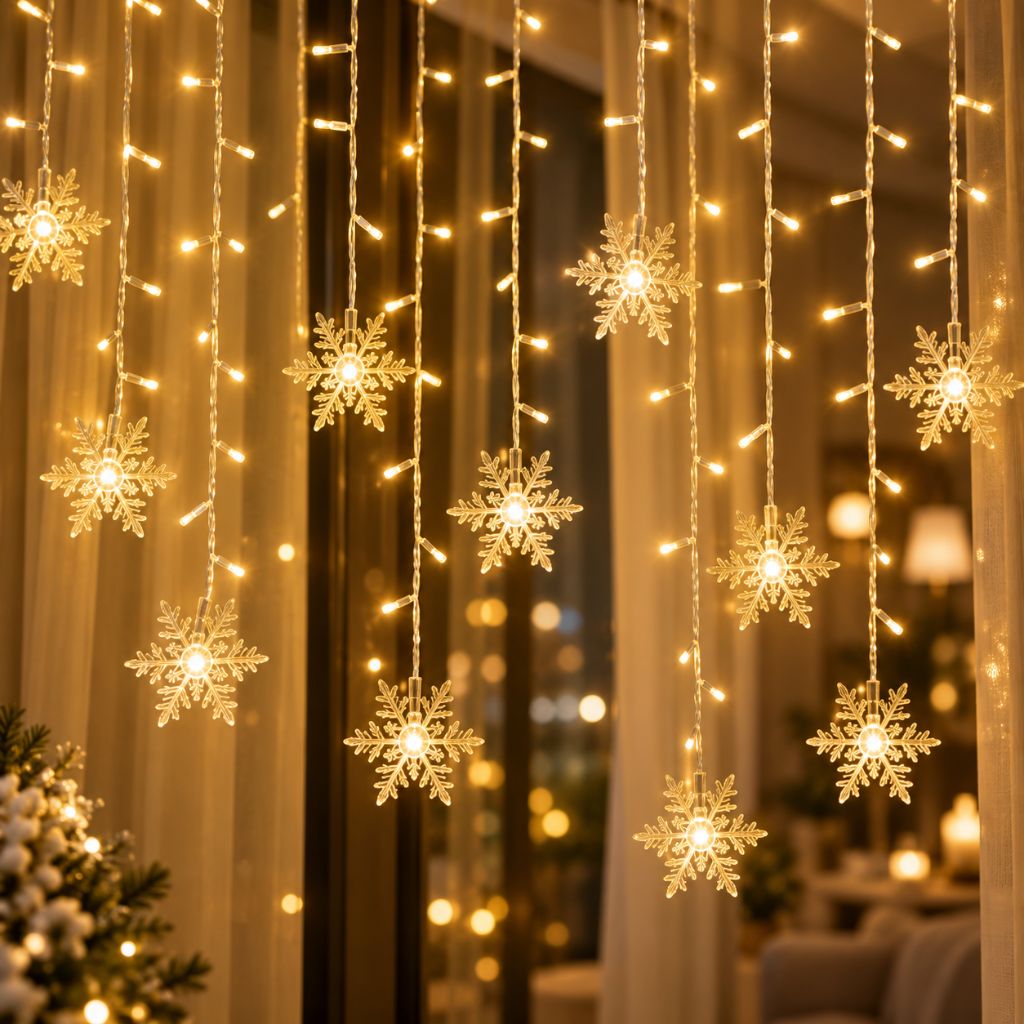 Snowflake Christmas Curtain Lights — Hanging LED Window Lights, 8 Modes