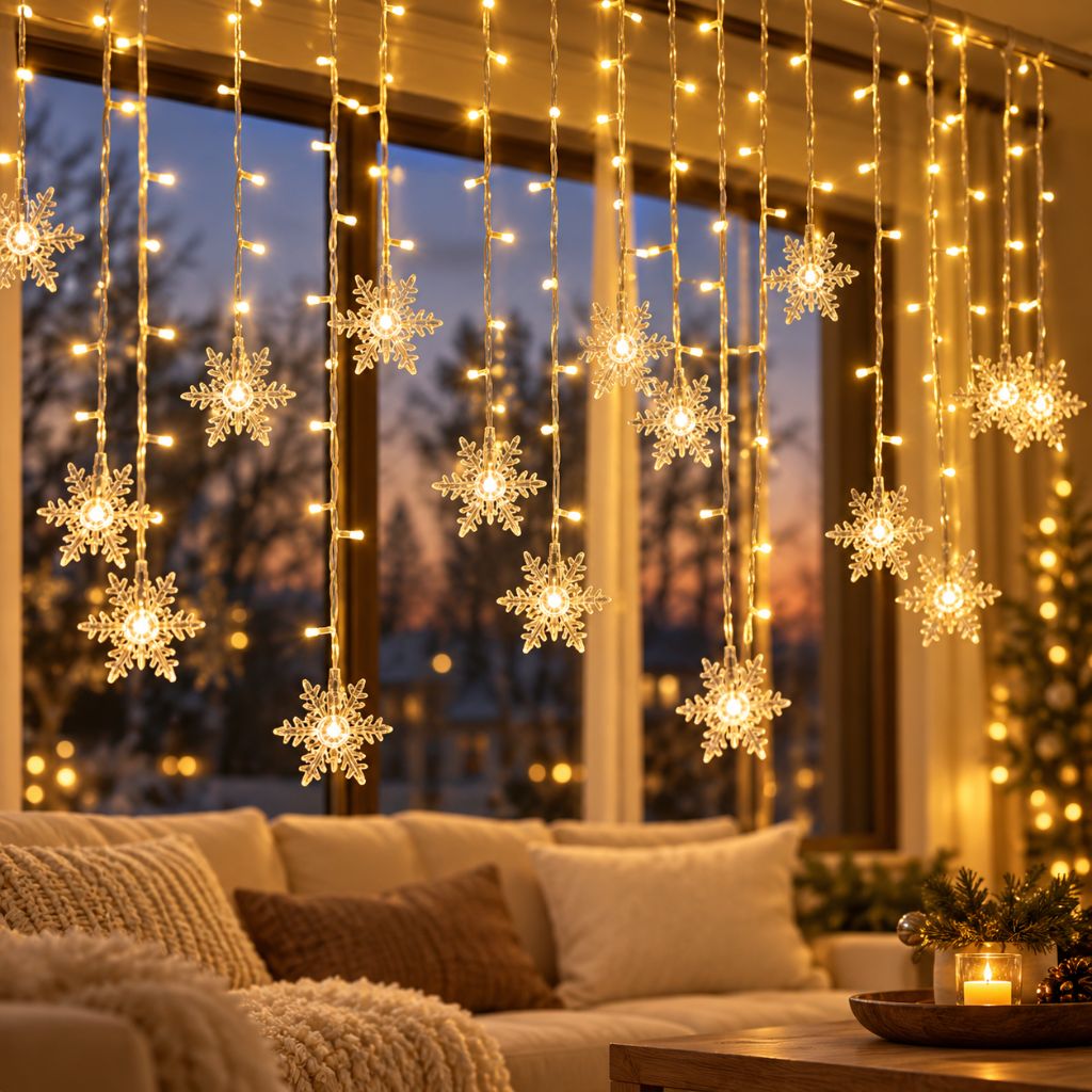 Snowflake Christmas Curtain Lights — Hanging LED Window Lights, 8 Modes