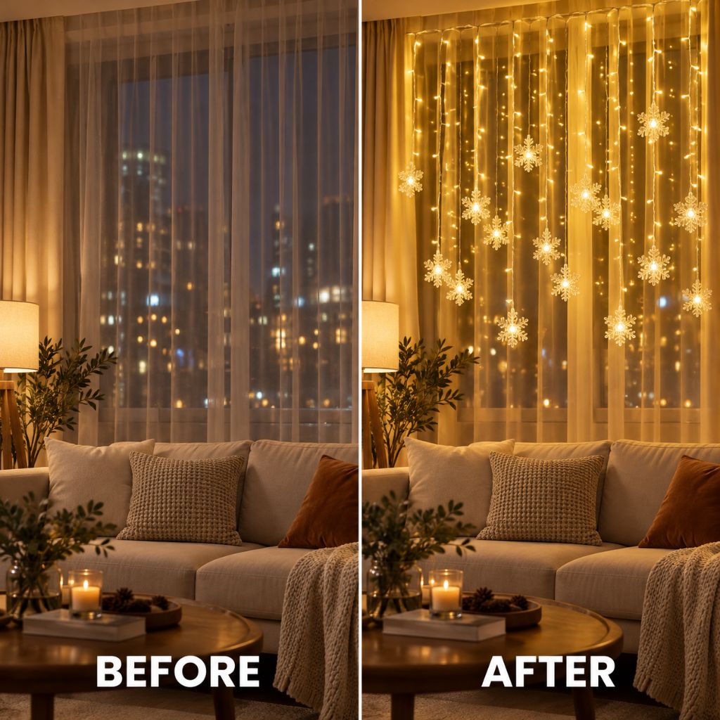 Snowflake Christmas Curtain Lights — Hanging LED Window Lights, 8 Modes