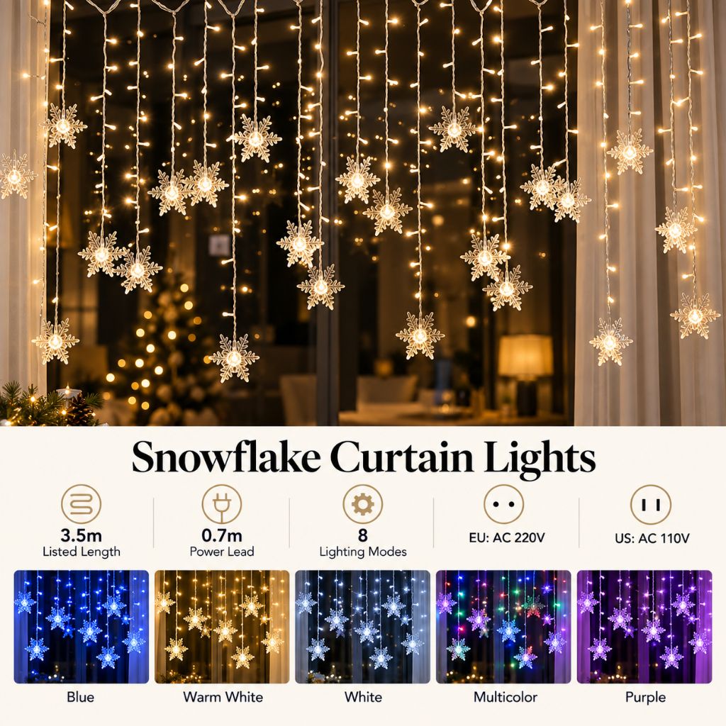 Snowflake Christmas Curtain Lights — Hanging LED Window Lights, 8 Modes