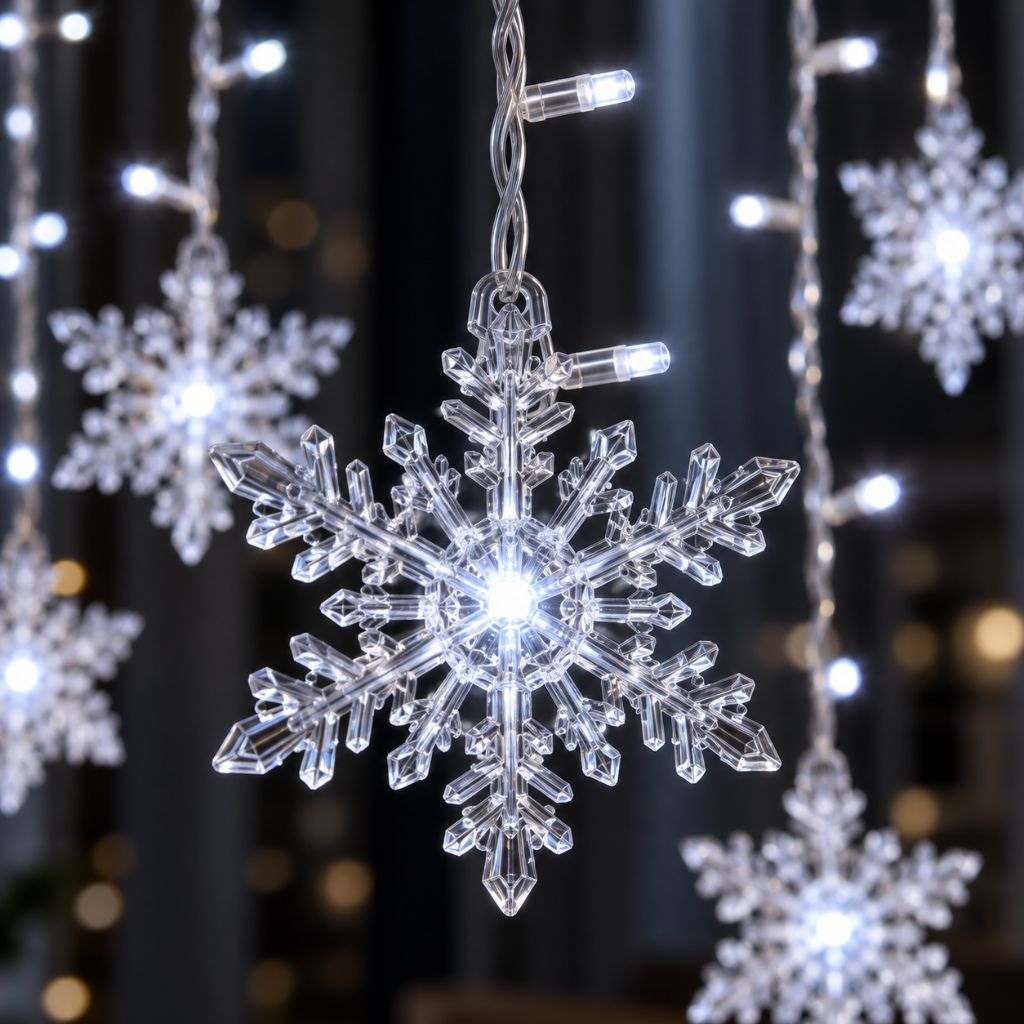 Snowflake Christmas Curtain Lights — Hanging LED Window Lights, 8 Modes