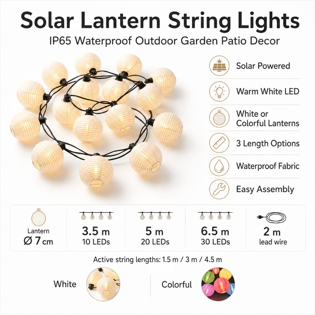 Solar Lantern String Lights — Outdoor Fabric Lantern Lights, 10 to 30 LEDs