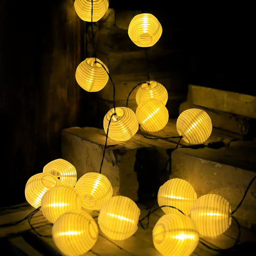 Solar Lantern String Lights — Outdoor Fabric Lantern Lights, 10 to 30 LEDs