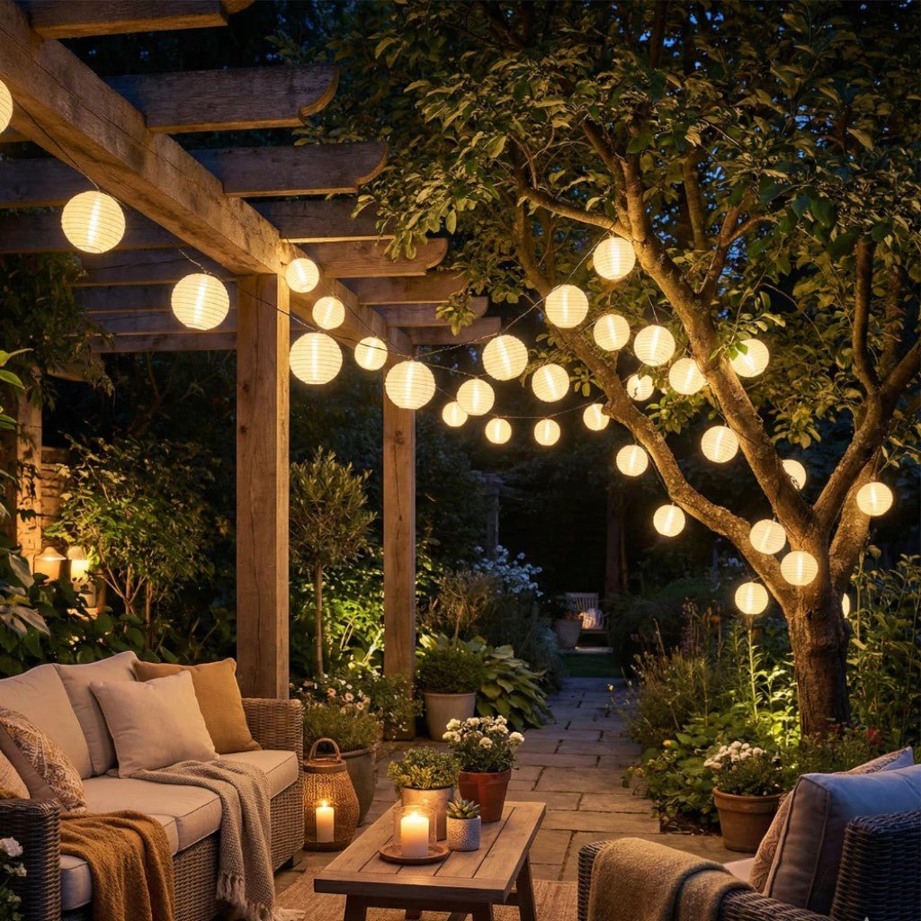 Solar Lantern String Lights — Outdoor Fabric Lantern Lights, 10 to 30 LEDs
