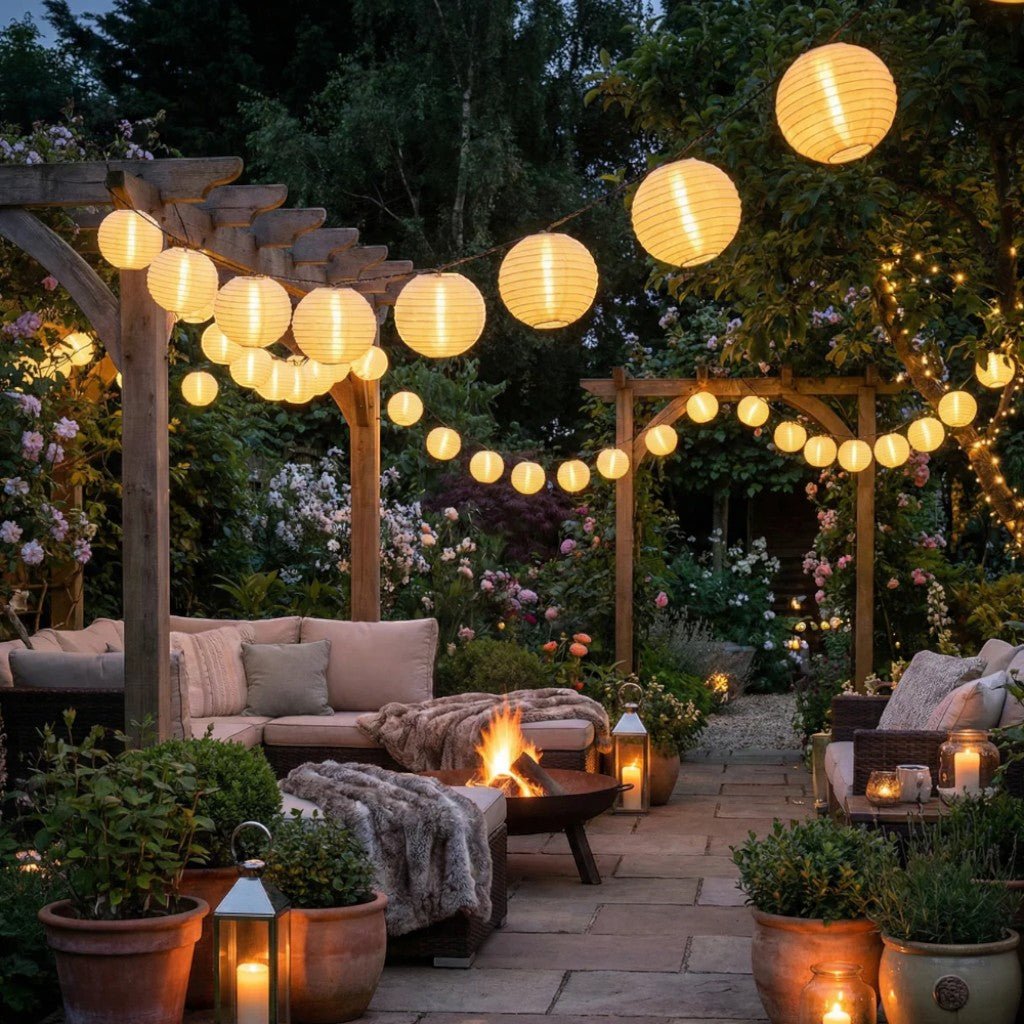 Solar Lantern String Lights — Outdoor Fabric Lantern Lights, 10 to 30 LEDs