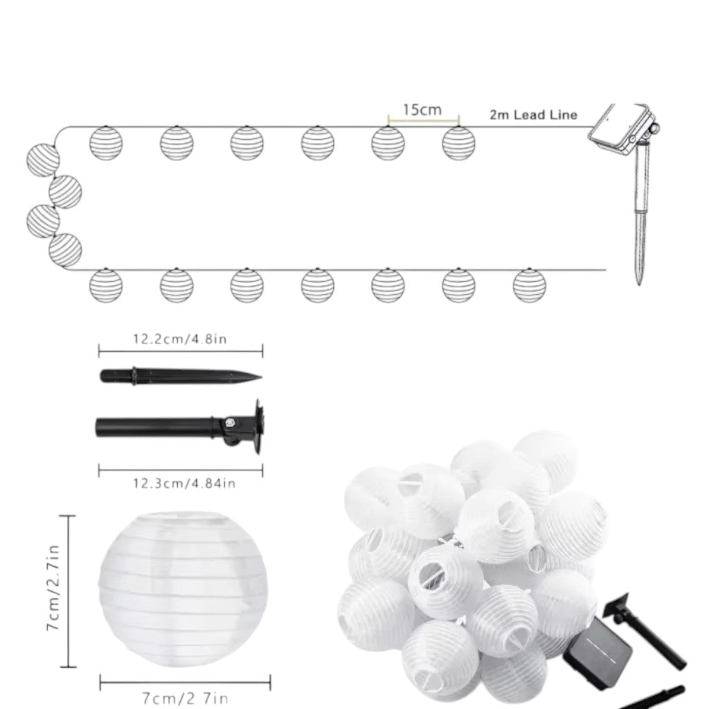Solar Lantern String Lights — Outdoor Fabric Lantern Lights, 10 to 30 LEDs