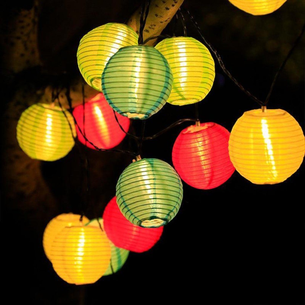 Solar Lantern String Lights — Outdoor Fabric Lantern Lights, 10 to 30 LEDs
