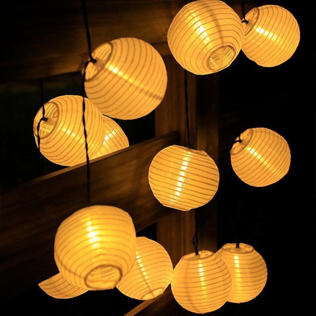 Solar Lantern String Lights — Outdoor Fabric Lantern Lights, 10 to 30 LEDs