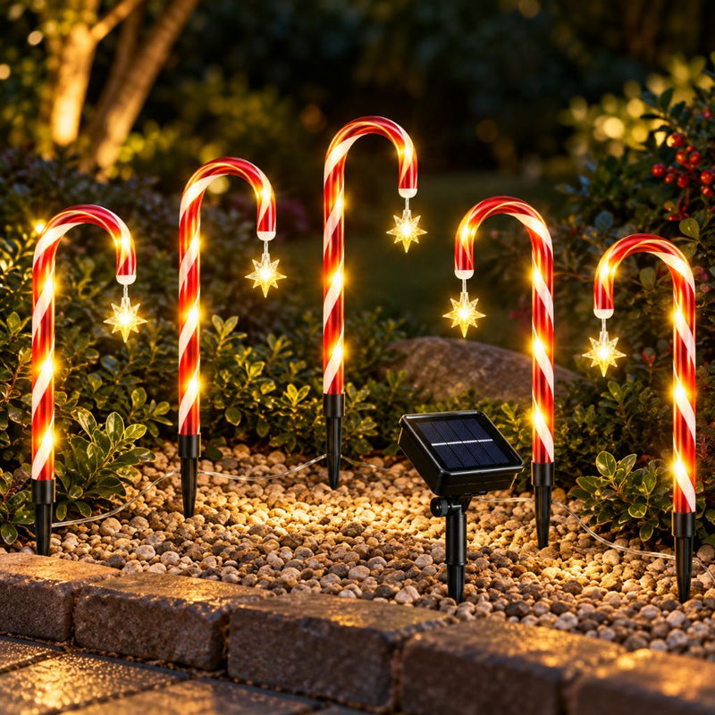 Solar Candy Cane Pathway Lights — Outdoor Christmas Yard Stakes, 8 Modes