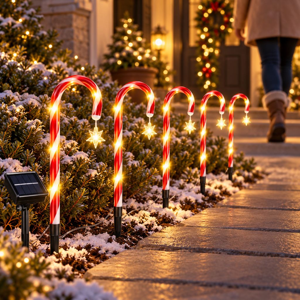 Solar Candy Cane Pathway Lights — Outdoor Christmas Yard Stakes, 8 Modes