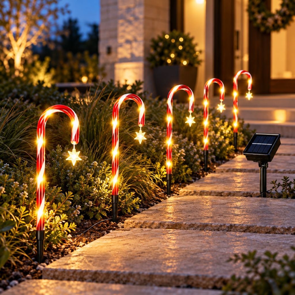 Solar Candy Cane Pathway Lights — Outdoor Christmas Yard Stakes, 8 Modes