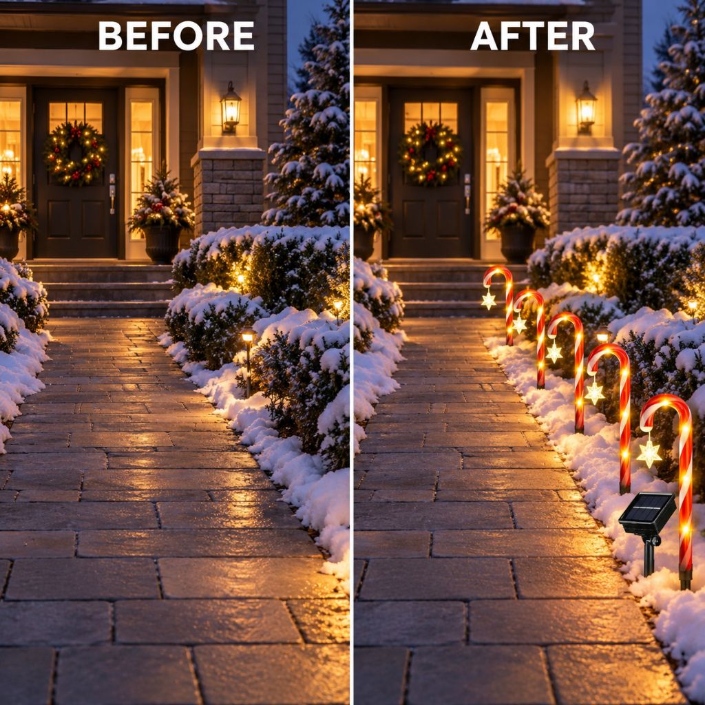 Solar Candy Cane Pathway Lights — Outdoor Christmas Yard Stakes, 8 Modes