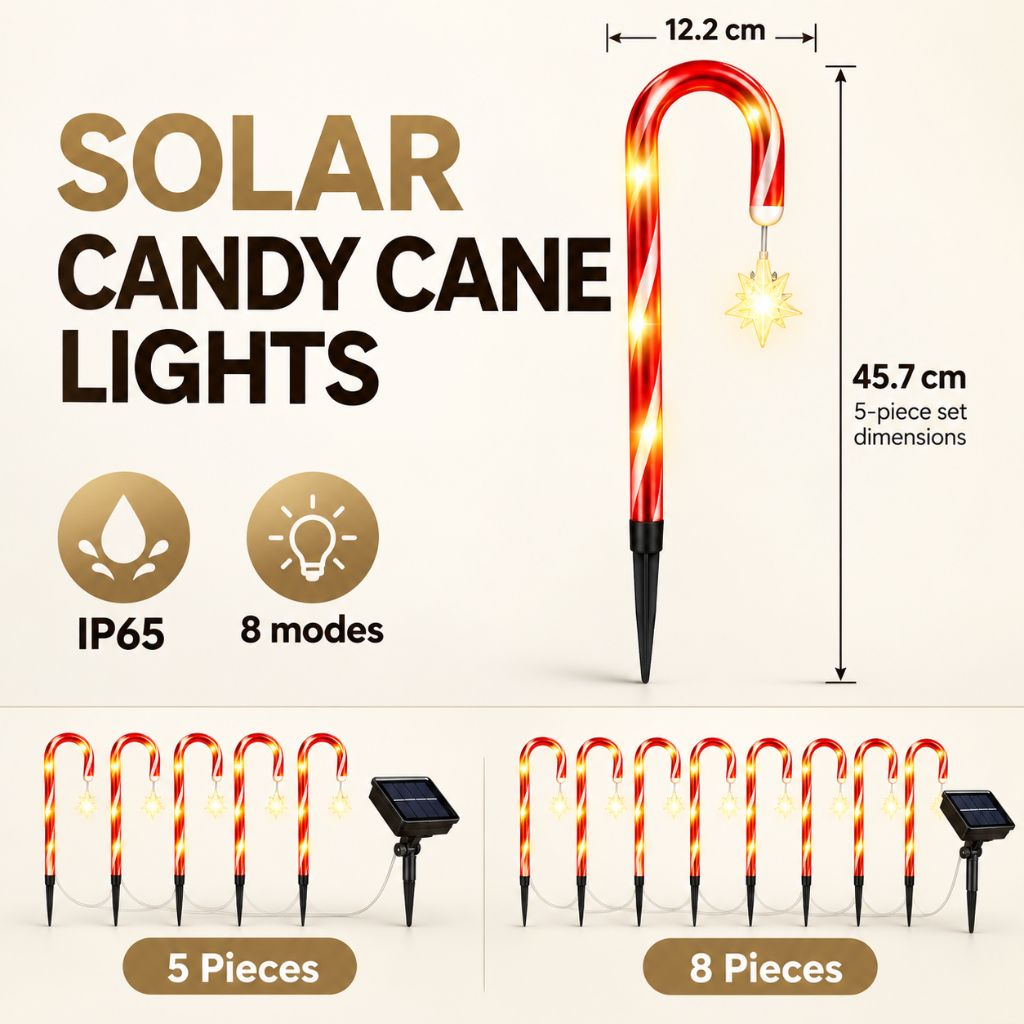 Solar Candy Cane Pathway Lights — Outdoor Christmas Yard Stakes, 8 Modes