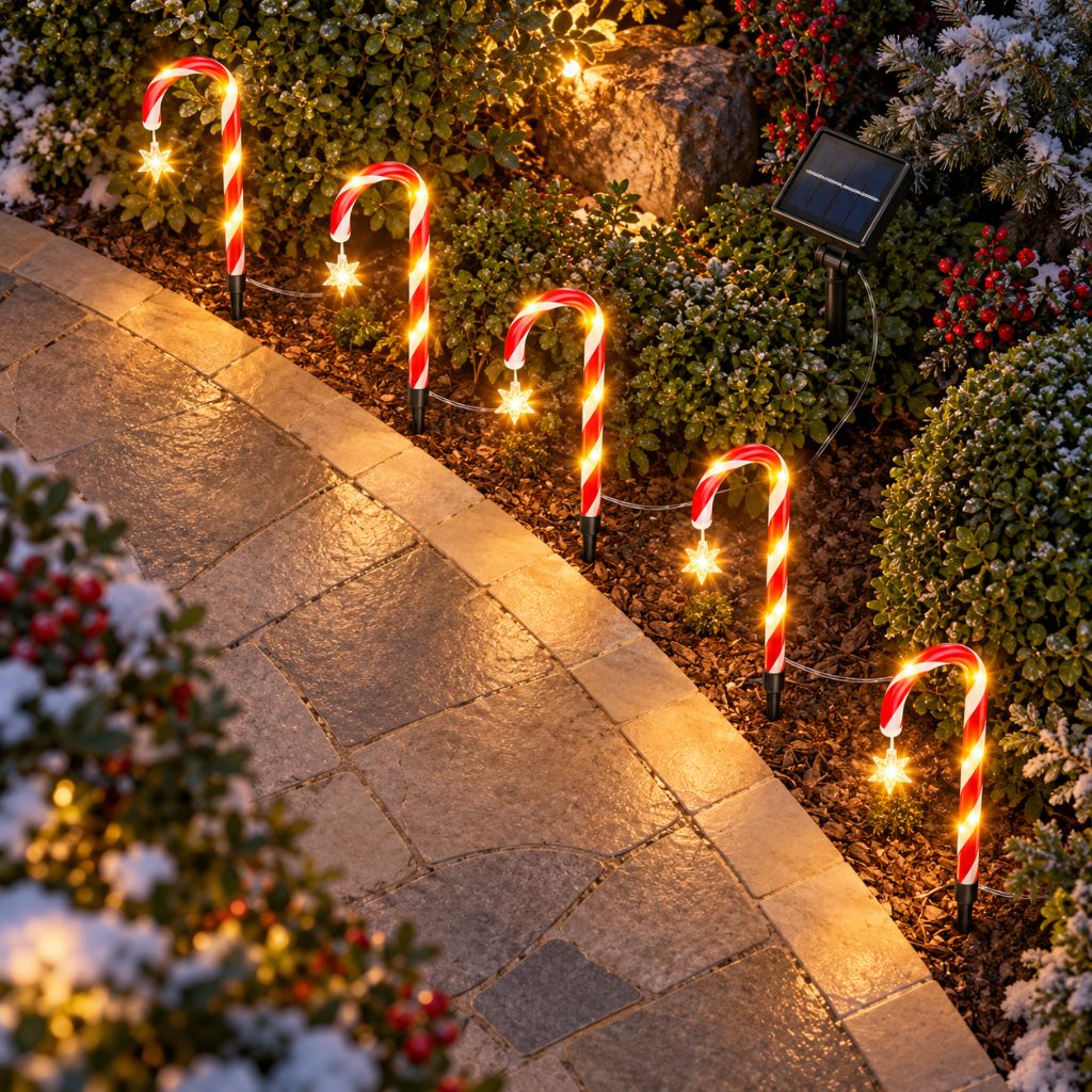 Solar Candy Cane Pathway Lights — Outdoor Christmas Yard Stakes, 8 Modes