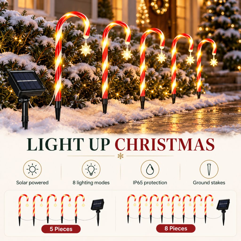 Solar Candy Cane Pathway Lights — Outdoor Christmas Yard Stakes, 8 Modes