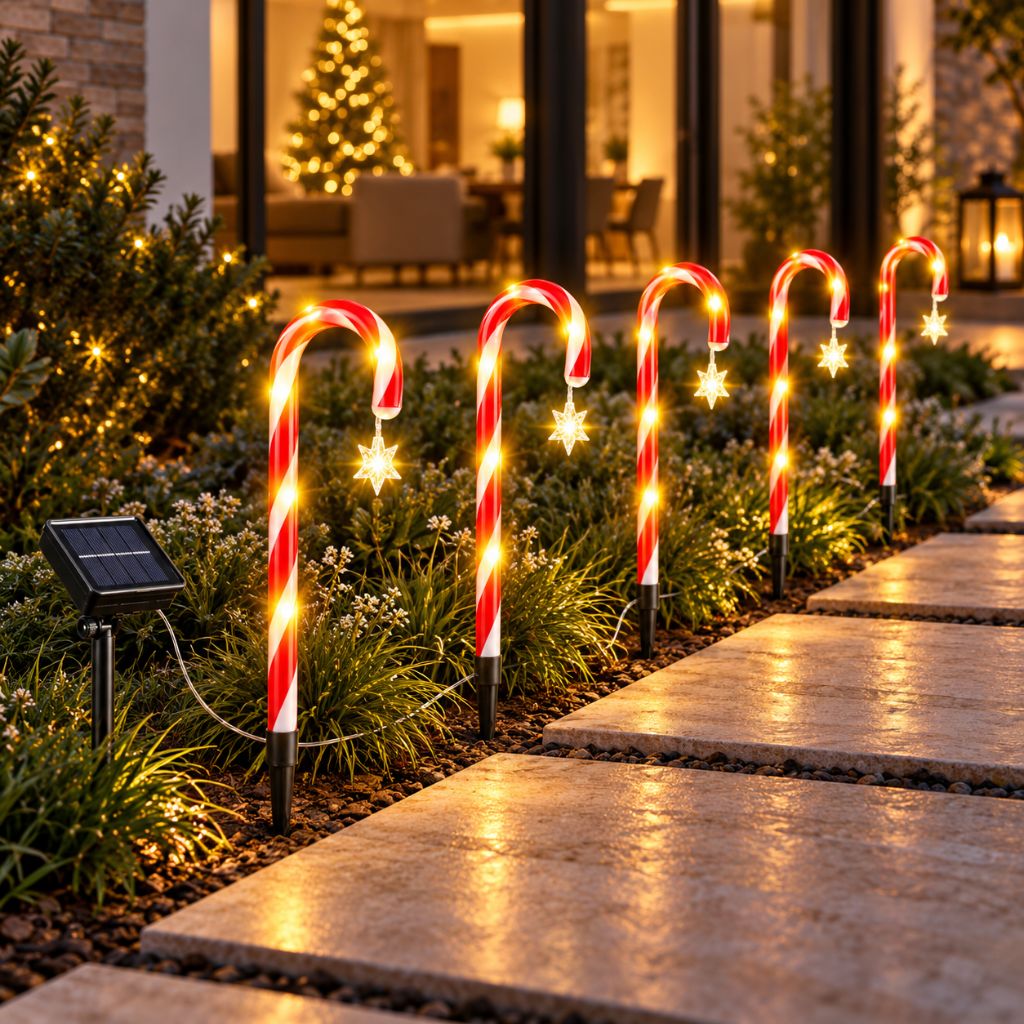 Solar Candy Cane Pathway Lights — Outdoor Christmas Yard Stakes, 8 Modes