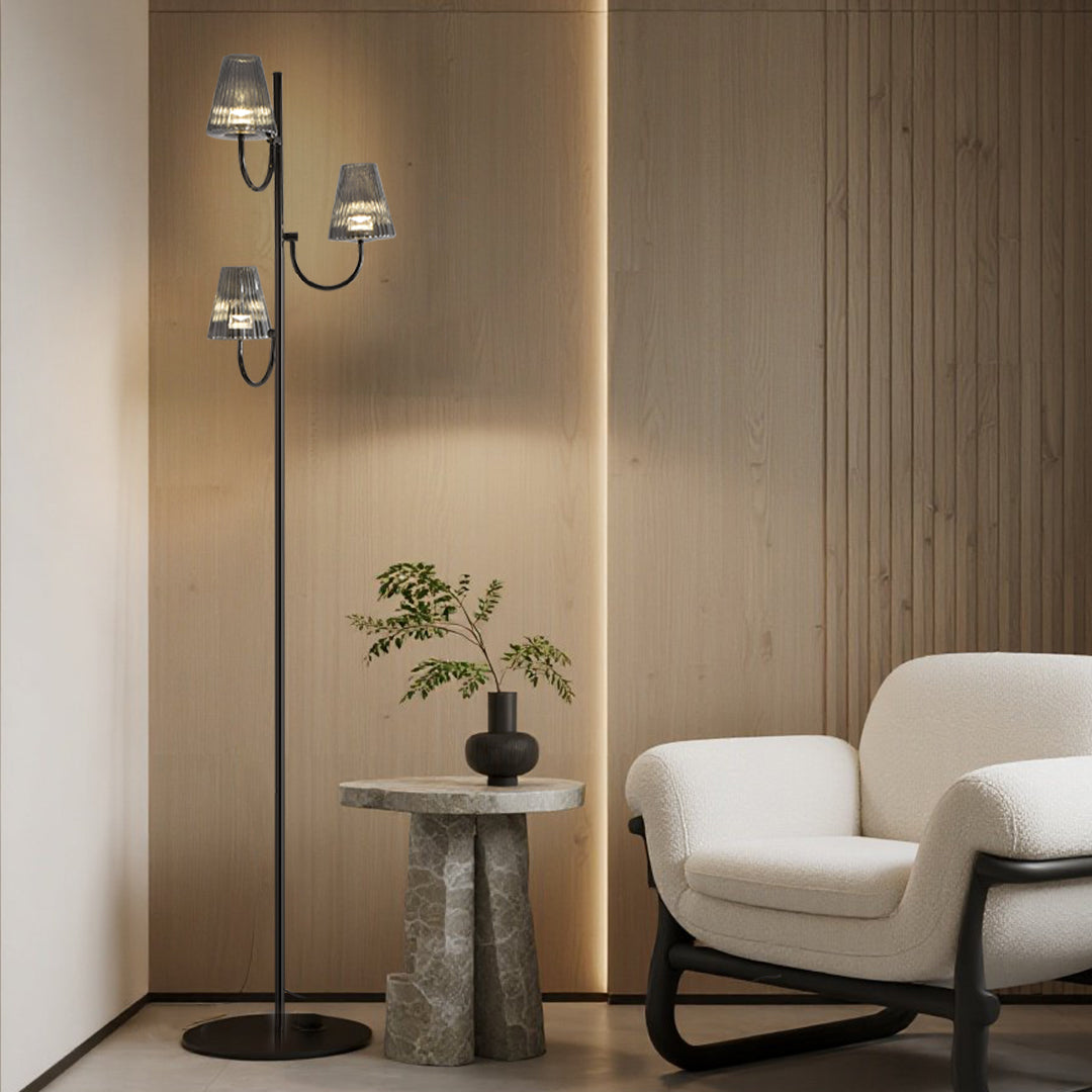Black 3-Light Floor Lamp with Smoked Fluted Glass Shades, Modern Tree Lamp