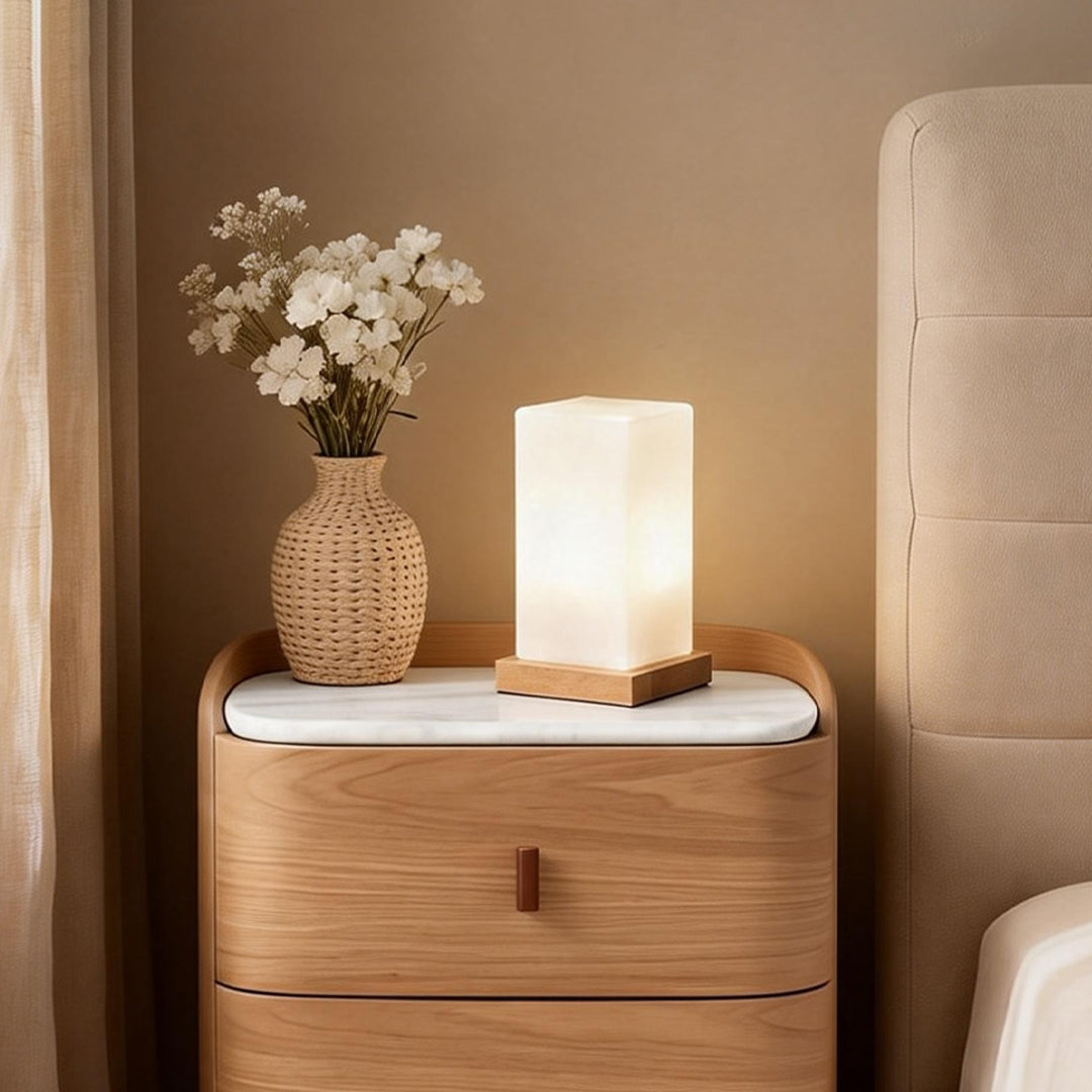 Cordless Glass Cube Table Lamp — Frosted Shade on Wood Base, Rechargeable