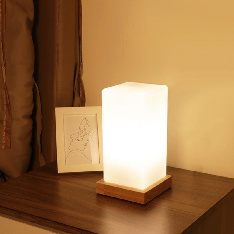 Cordless Glass Cube Table Lamp — Frosted Shade on Wood Base, Rechargeable