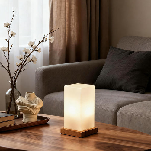 Cordless Glass Cube Table Lamp — Frosted Shade on Wood Base, Rechargeable – view 2