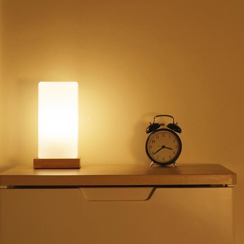 Cordless Glass Cube Table Lamp — Frosted Shade on Wood Base, Rechargeable