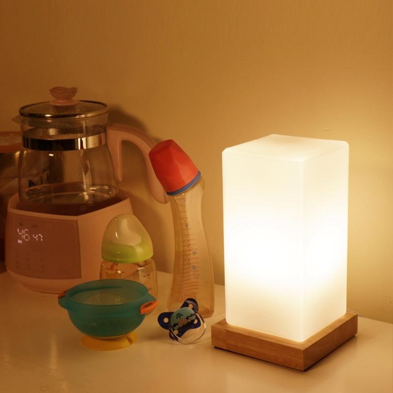 Cordless Glass Cube Table Lamp — Frosted Shade on Wood Base, Rechargeable