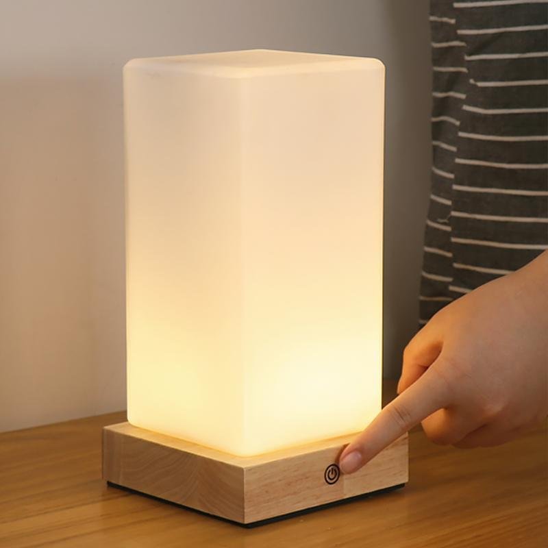 Cordless Glass Cube Table Lamp — Frosted Shade on Wood Base, Rechargeable