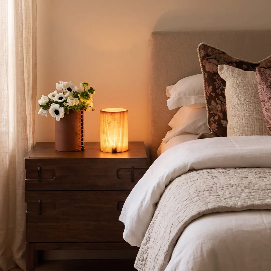 Cordless Wood Table Lamp — Solid Pine LED Lamp, Rechargeable Touch Dimmer