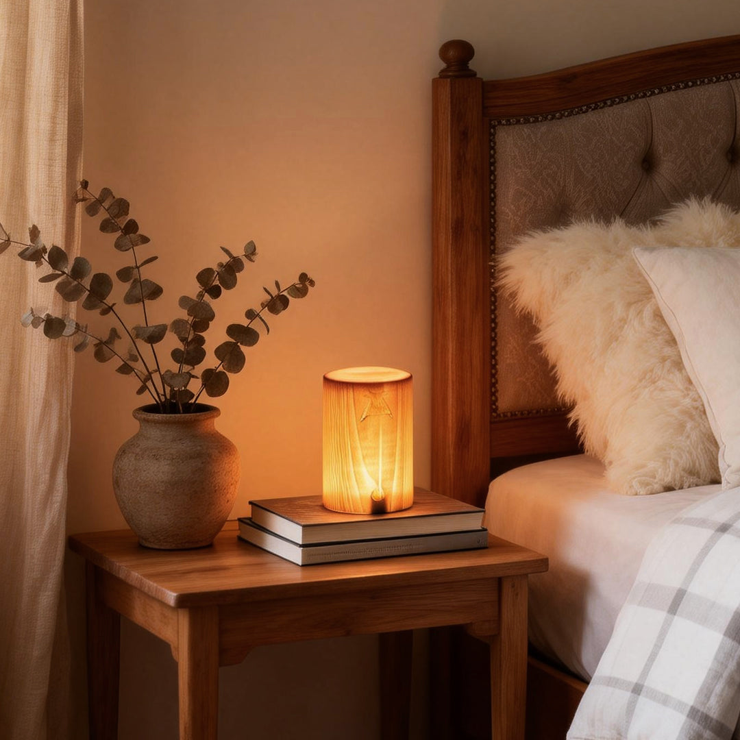 Cordless Wood Table Lamp — Solid Pine LED Lamp, Rechargeable Touch Dimmer