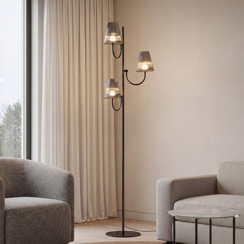Black 3-Light Floor Lamp with Smoked Fluted Glass Shades, Modern Tree Lamp – view 1