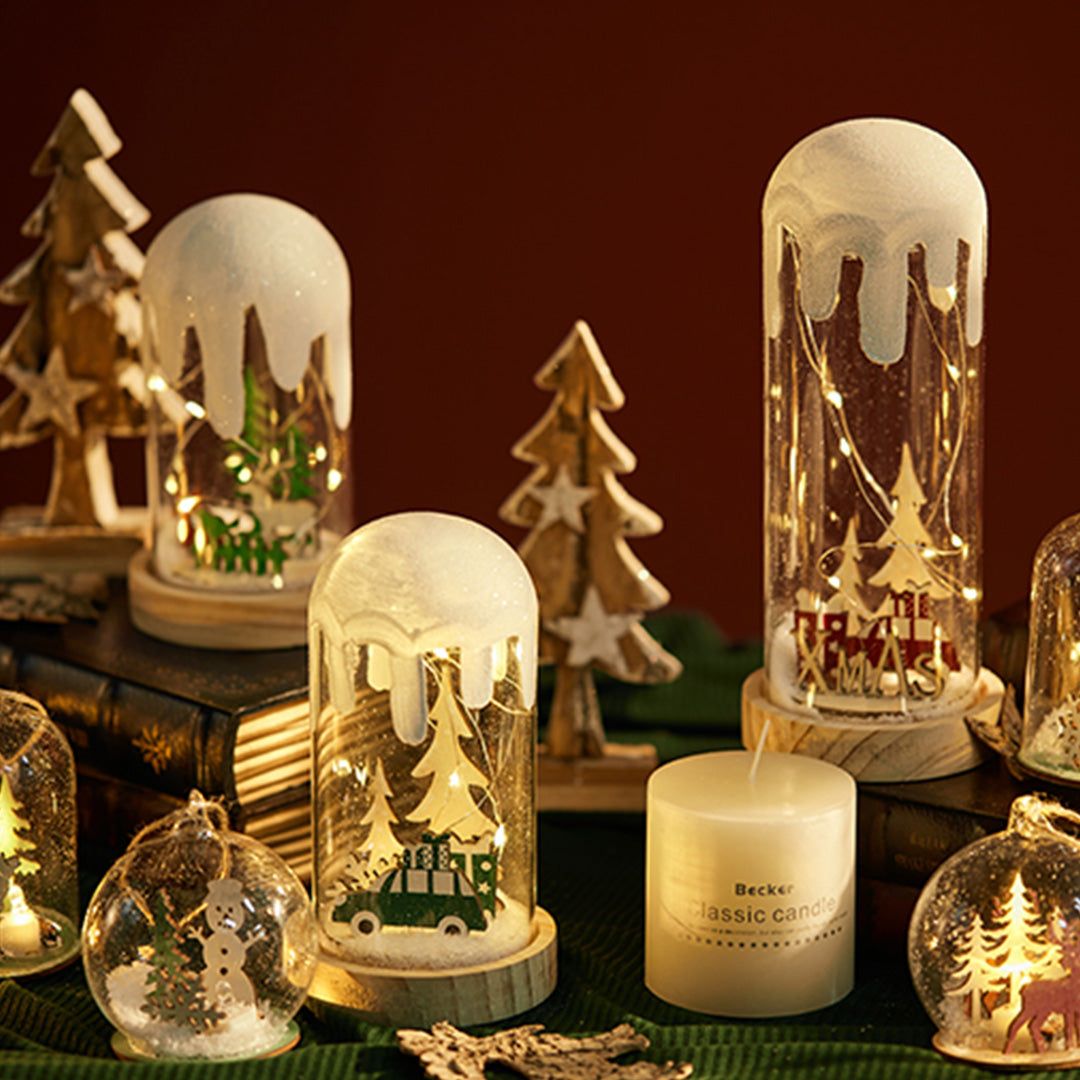 Christmas Snow Globe Lamp — Glass Dome Scene on Wood Base, Battery
