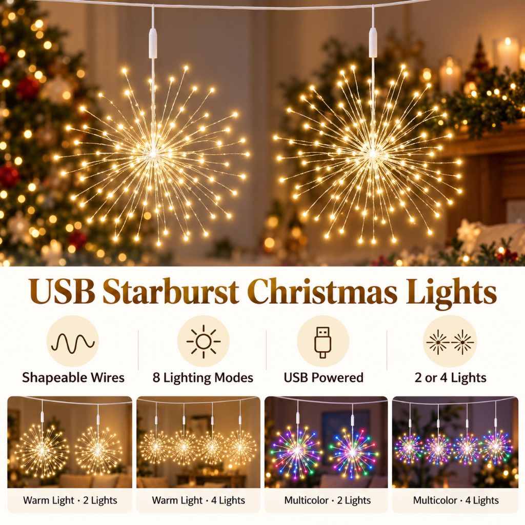 USB Starburst Christmas Fairy Lights — Hanging Window Lights, 8 Modes