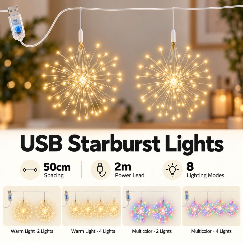 USB Starburst Christmas Fairy Lights — Hanging Window Lights, 8 Modes