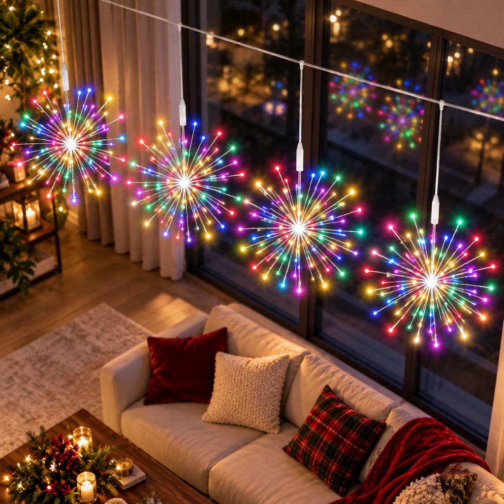 USB Starburst Christmas Fairy Lights — Hanging Window Lights, 8 Modes