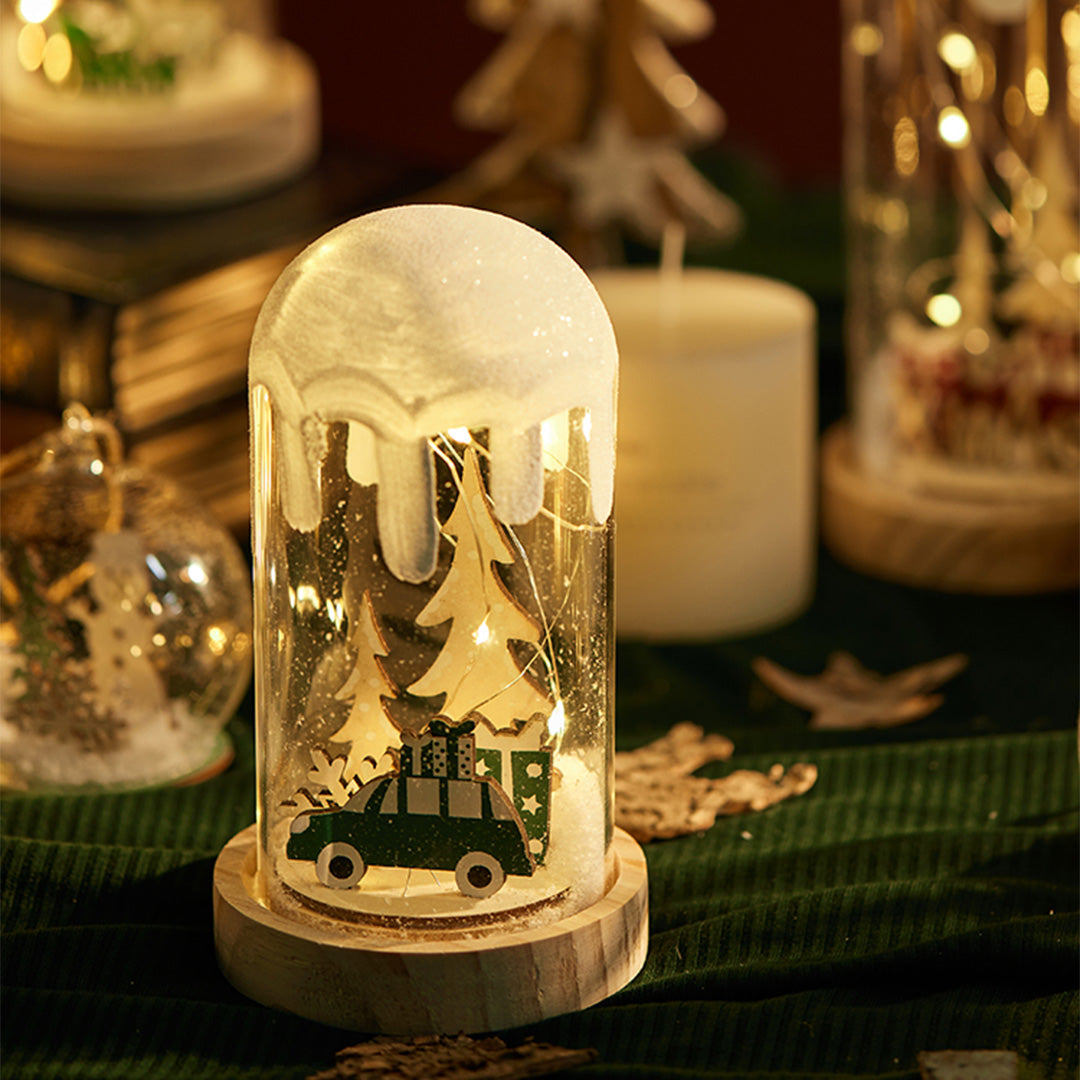 Christmas Snow Globe Lamp — Glass Dome Scene on Wood Base, Battery